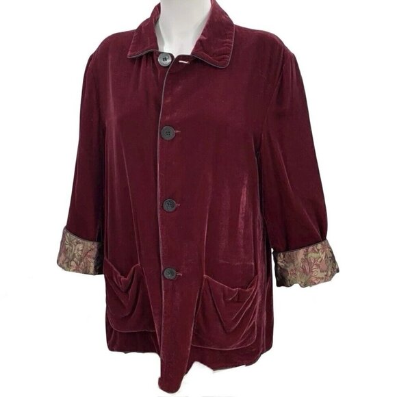 Velvet Burgundy Reversible Baroque Front Button Cardigan Smoking Jacket Women L - Picture 1 of 13